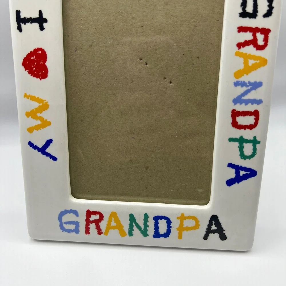 I Love My Grandpa White Ceramic Picture Frame Colorful Crayon Font 6x8 Vintage
